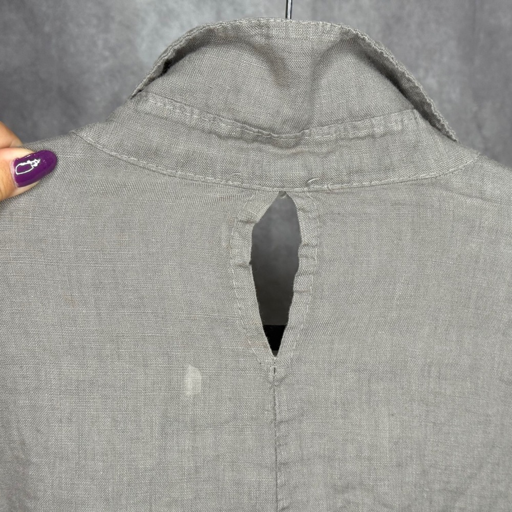 Meo Meli Italy Linen Button Up Shirt Top Roll Tab Sleeve Gray Brown READ - Picture 6 of 6
